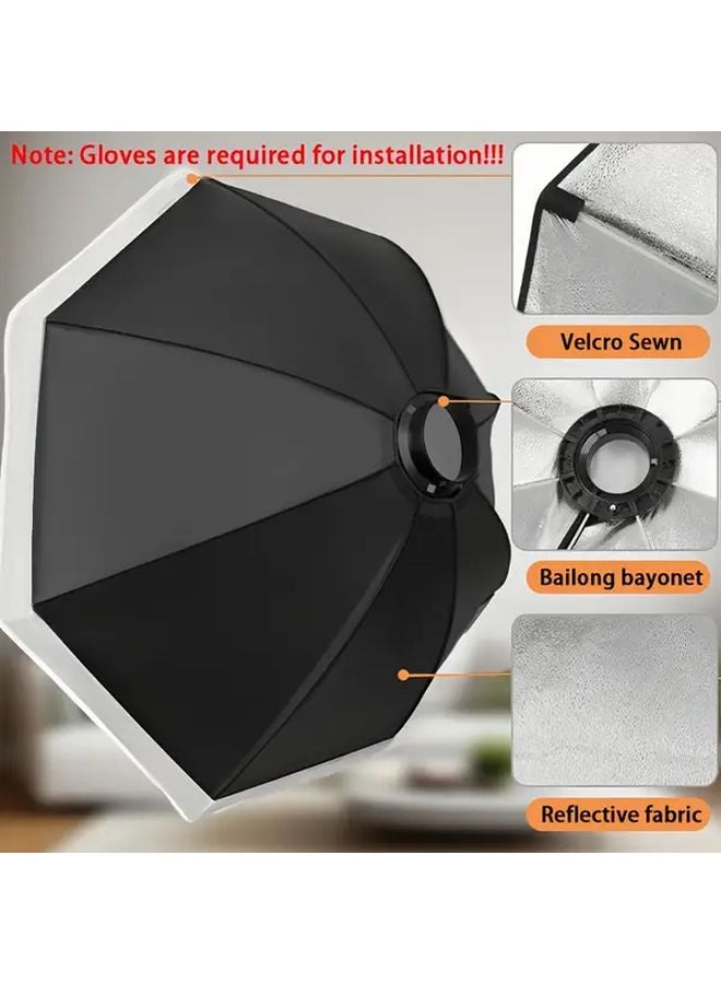 صندوق إضاءة أسود ثماني الشكل مع حامل باونز، تصميم متين من النايلون مزدوج الطبقات لإضاءة تصوير الاستوديو - Image 5